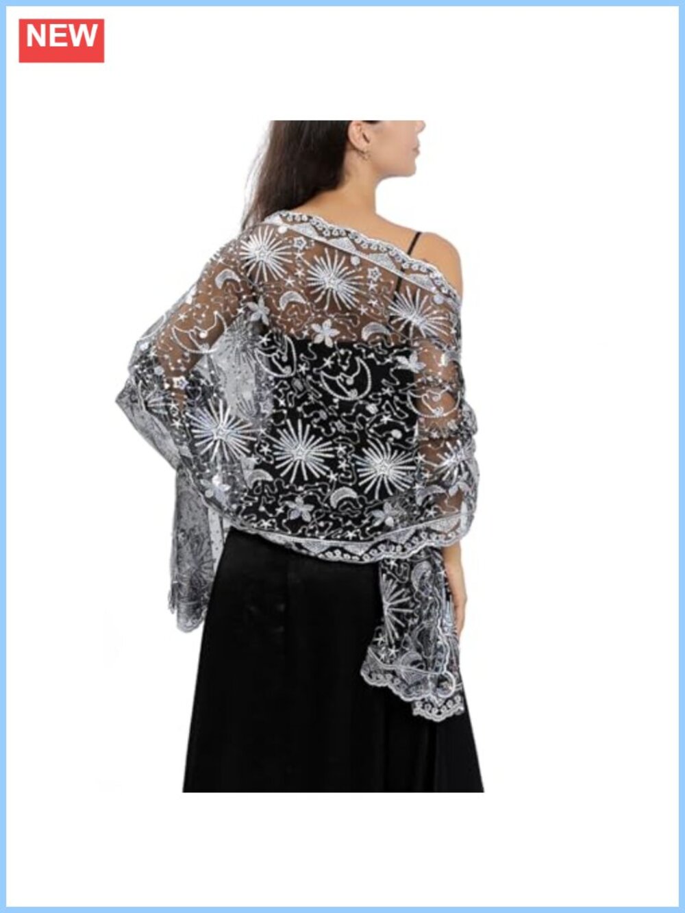 Sequin Star Moon Sheer Mesh Shawl Evening Wrap for Women